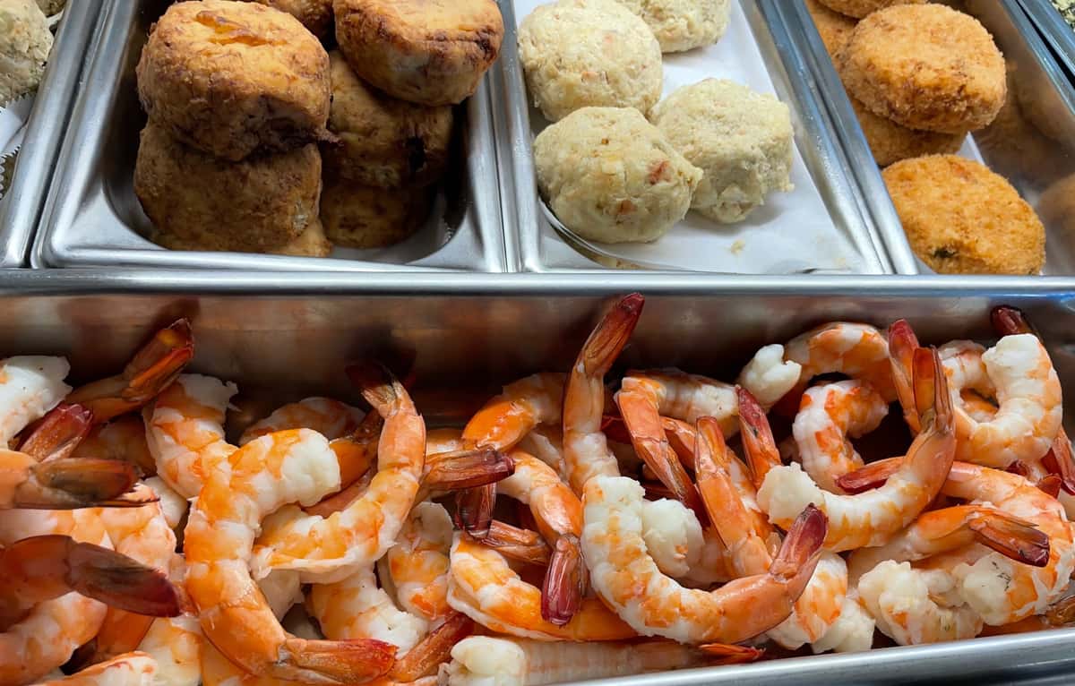 prepared foods including shrimp cocktail, fish cakes, lobster risotto cakes, stuffed clams