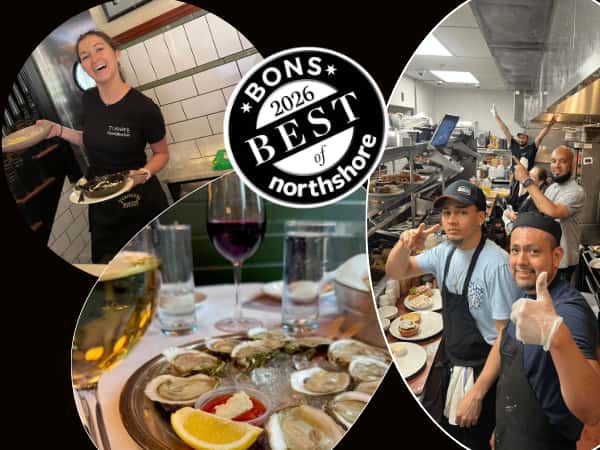 server with a smile, kitchen crew smiling, oysters and wine, Best of Northshore logo