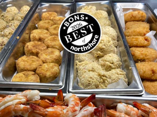 prepared foods in seafood case, cocktail shrimp, cod cakes, crab cakes, lobster risotto cakes, stuffed clams
