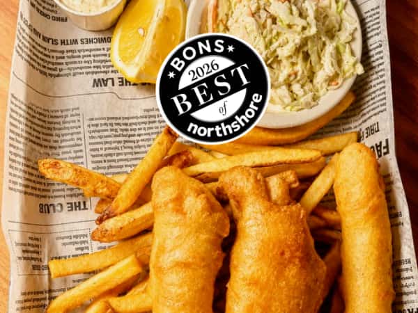 Fish & Chips: 3 fried haddock pieces with fries, cole slam, and sauce