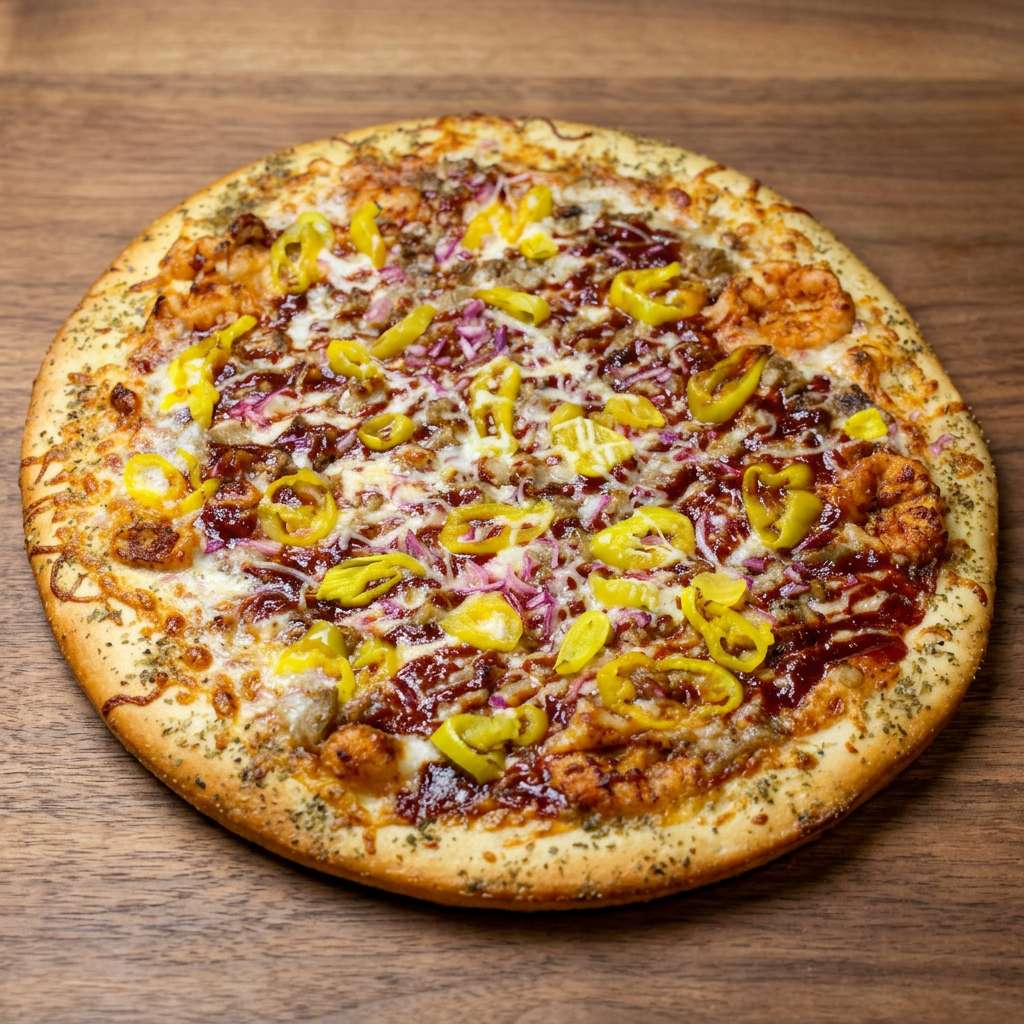bbq sauce base with mozzarella, red onion, banana peppers, and your choice of roasted chicken or pork