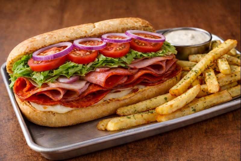 pepperoni, salami, ham, and provolone topped with lettuce and our tomato-onion dressing