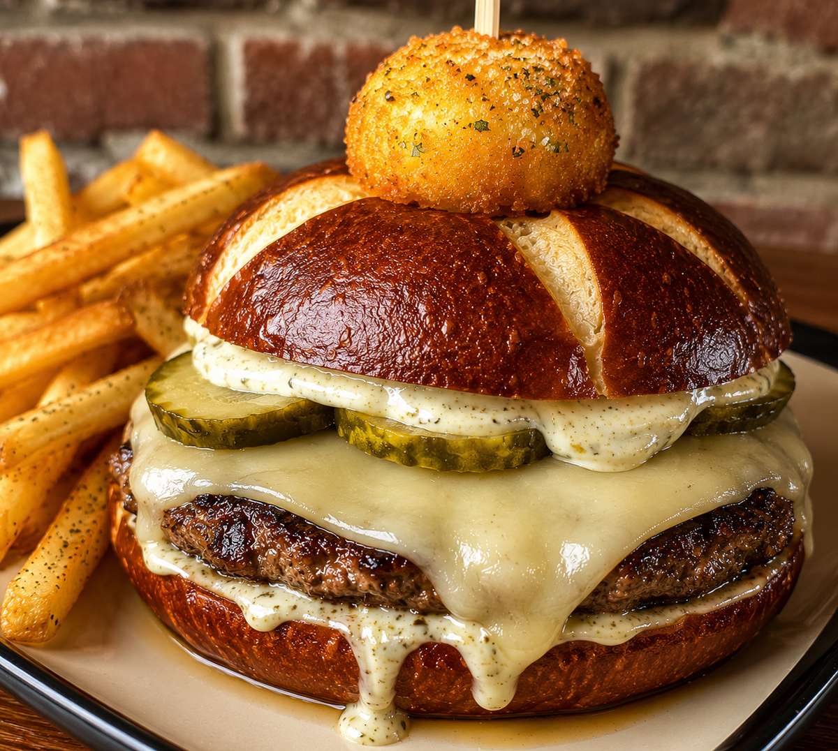 Pretzel bun, Havarti Melt, pickles, Dill Pickle Aioli, Pickle Bomb