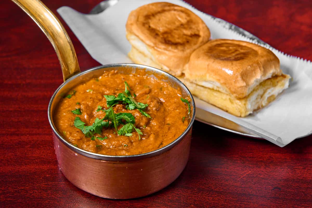 Dhaba pav bhaji at Dhaba Express Parsippany NJ, spiced mashed vegetable curry served with buttery toasted pav