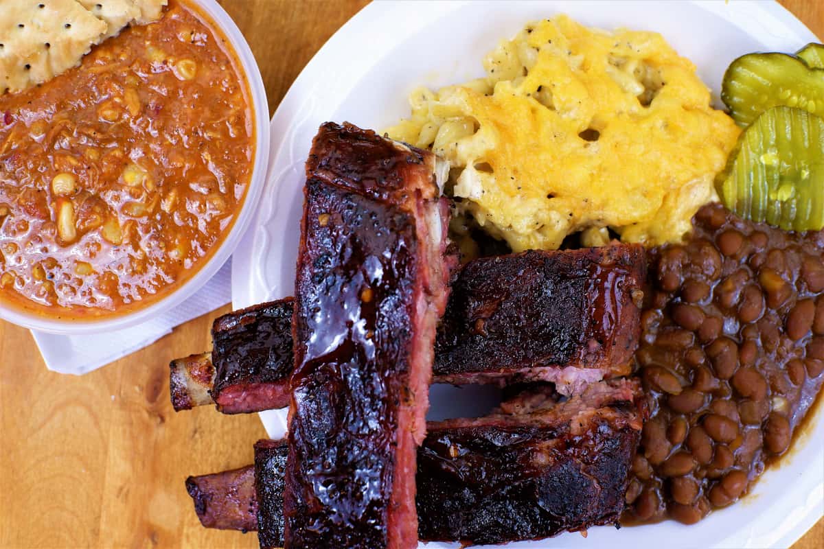 Ribs with Mac and Cheese, Baked Beans, Stew