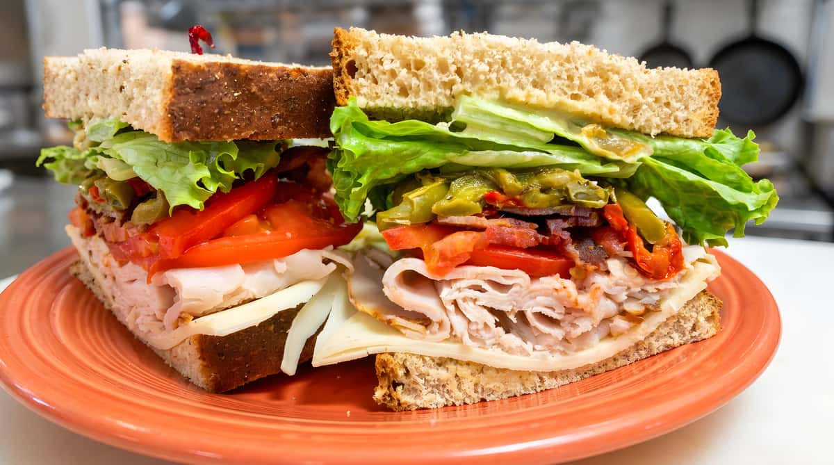Turkey sandwich with lettuce, tomato, and sliced deli meat on toasted bread.