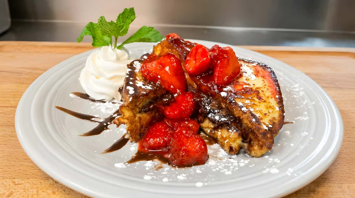 Strawberry French toast topped with whipped cream and fresh strawberries.