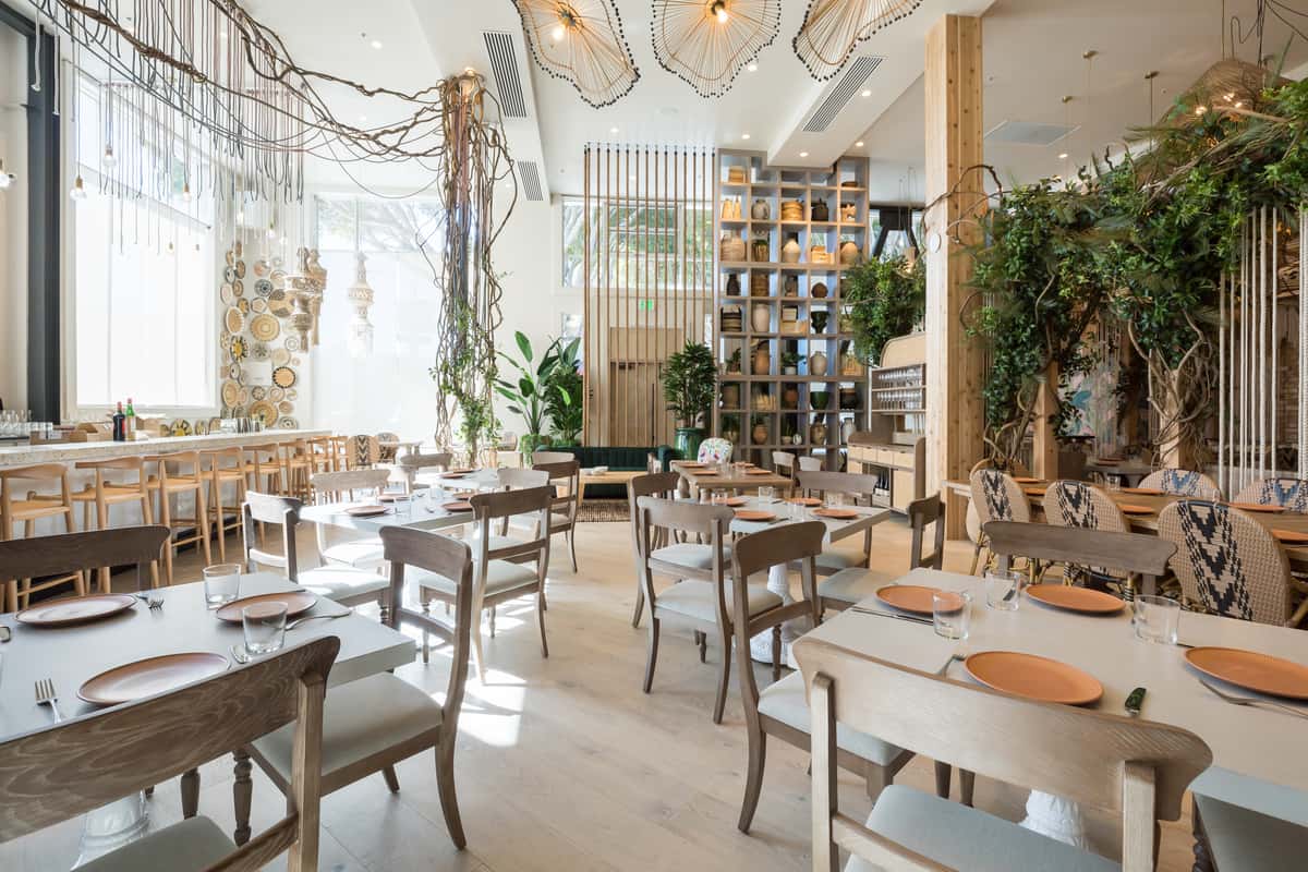 Bright upscale restaurant interior with modern seating, hanging greenery, and elegant tropical-inspired decor
