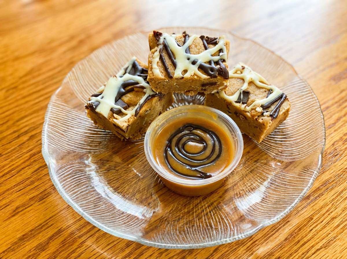 Three peanut butter bars with chocolate and white icing drizzles on a glass plate with a small cup of peanut butter sauce.