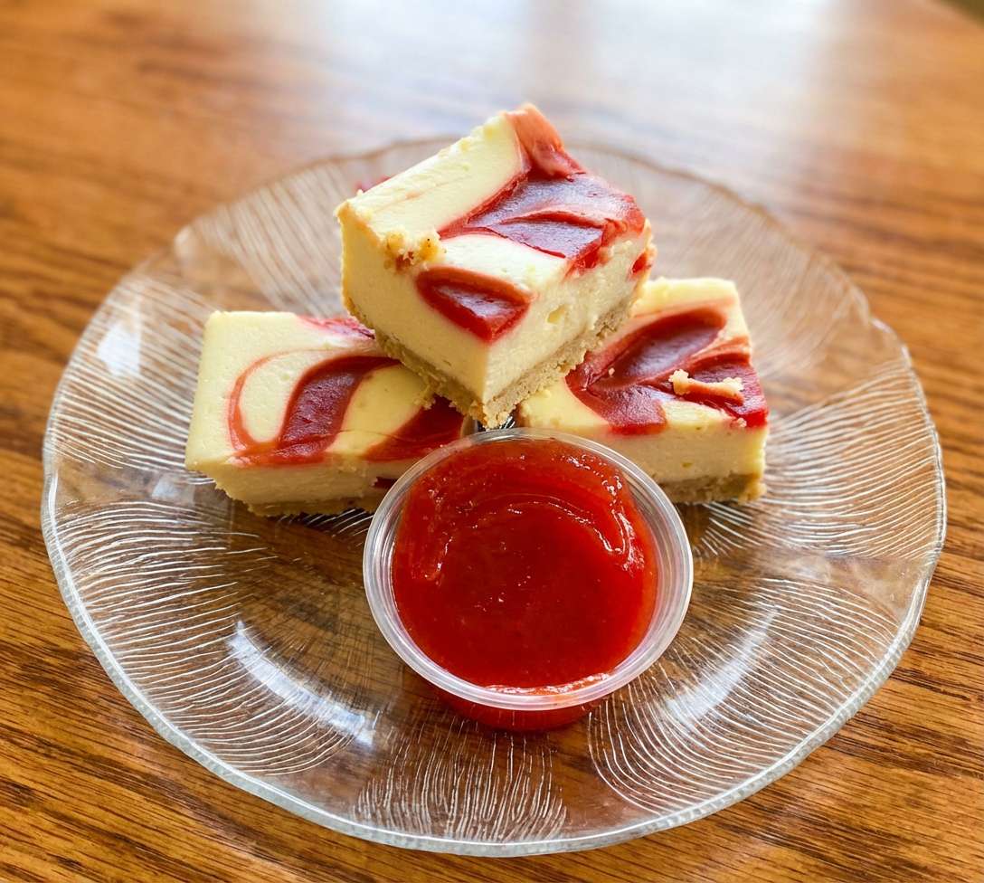 Strawberry swirl cheesecake bars on a glass plate with a side of strawberry sauce.