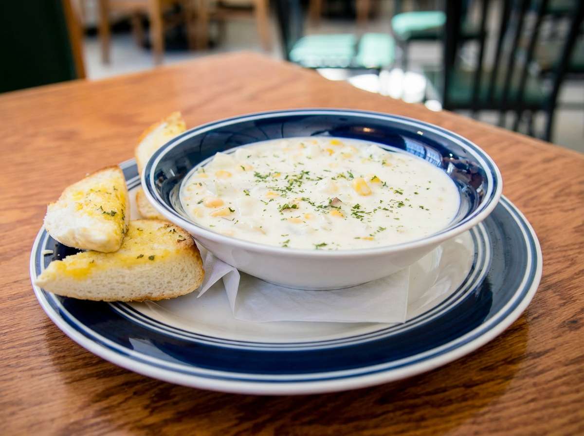 Creamy chowder with corn and herbs in a blue bowl with garlic bread on a wooden table.