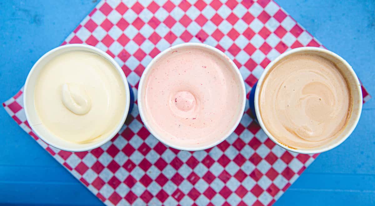 vanilla, strawberry, and chocolate milkshakes