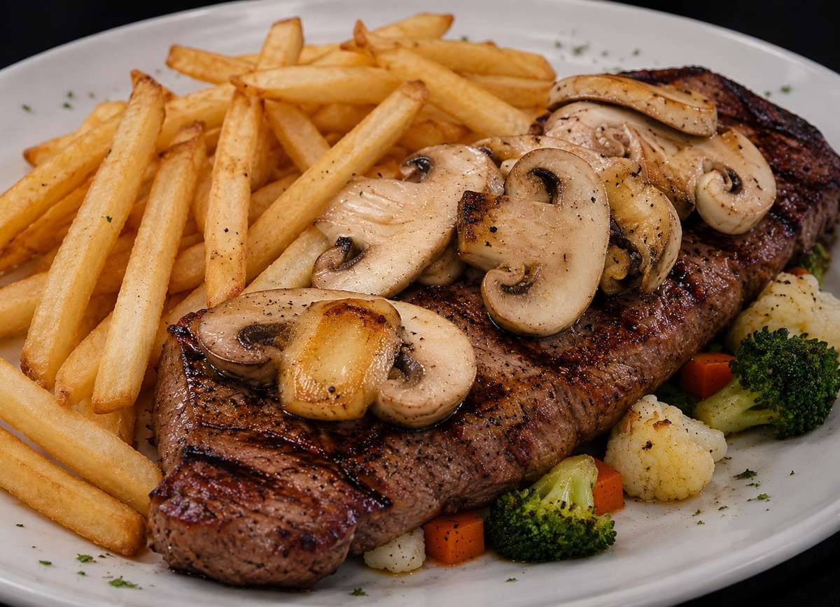 Grilled New York strip steak topped with mushrooms and served with French fries and vegetables