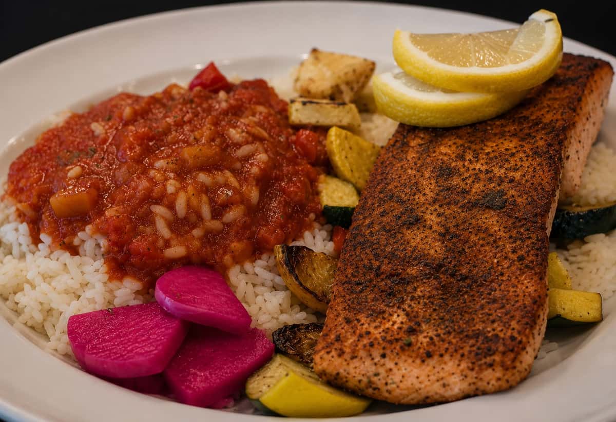 Cajun-seasoned salmon served with tomato rice, roasted vegetables, lemon, and pickled turnips