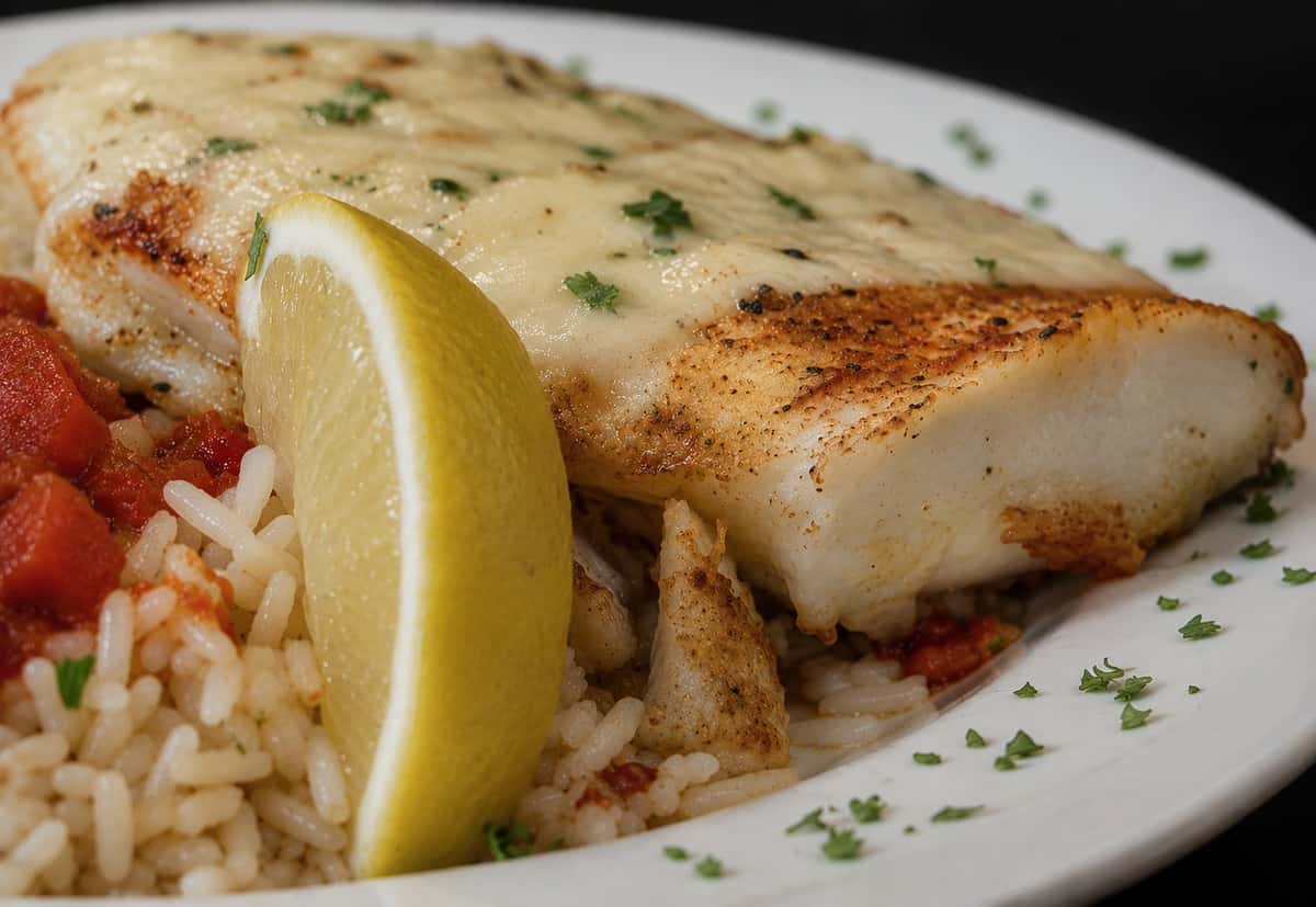 Lemon pepper cod served with seasoned rice, tomato sauce, and a lemon wedge