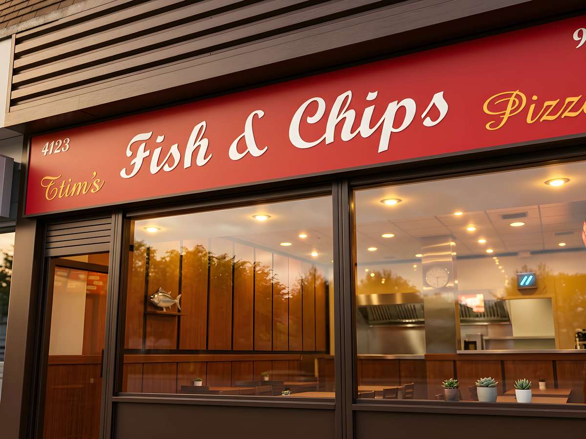 Tim's Fish & Chips and Pizza restaurant storefront with a warm, welcoming takeaway interior