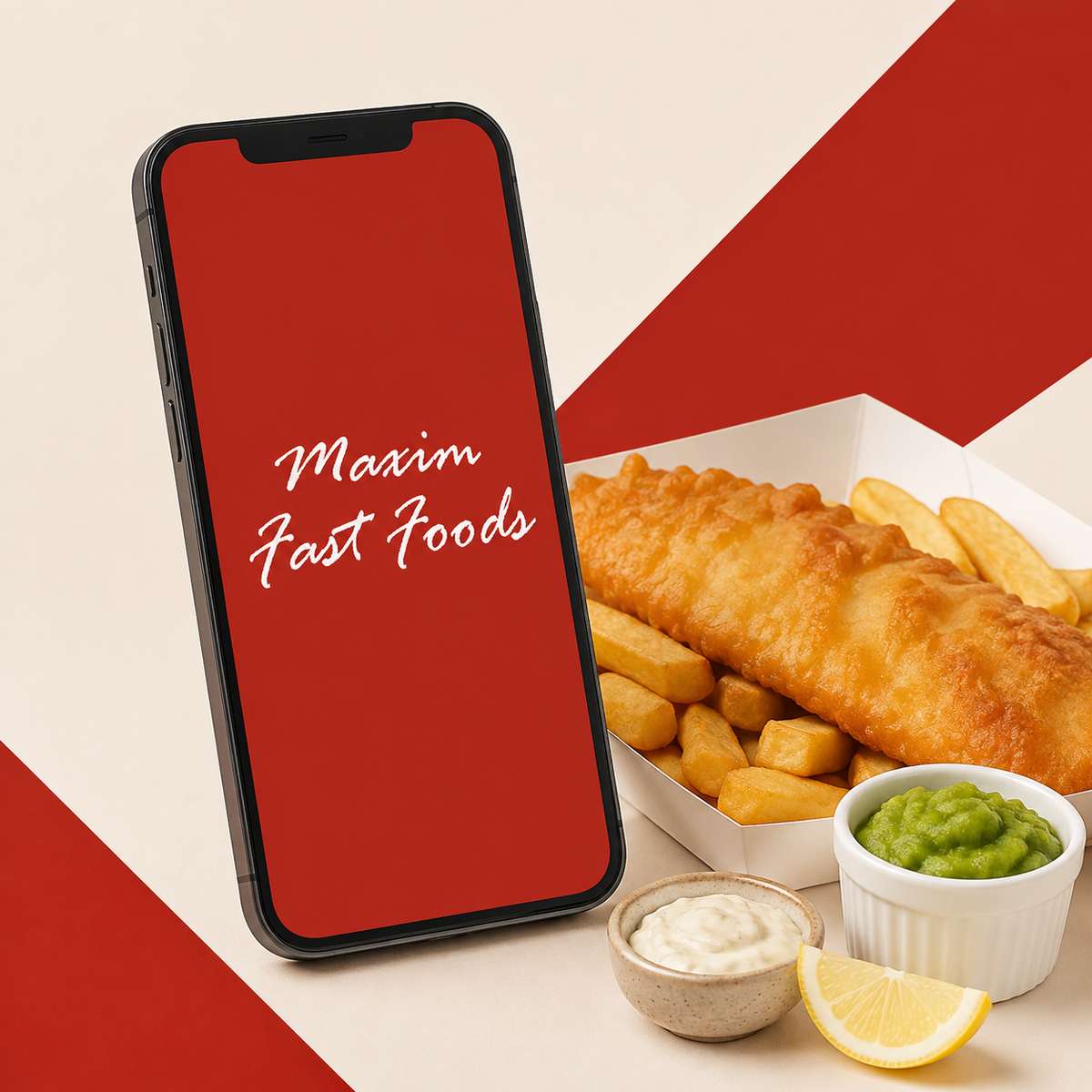 Maxim Fast Foods fish and chips with mushy peas, tartar sauce, and lemon beside mobile ordering