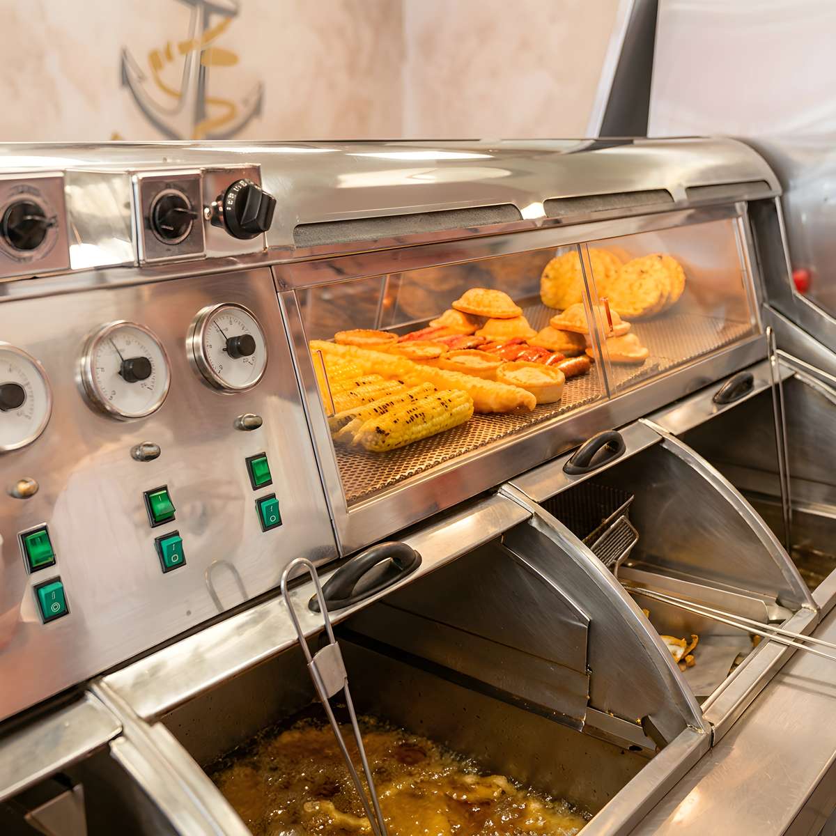 Fish and chip shop fryer station with hot food including battered fish, pies, sausages, and corn on display