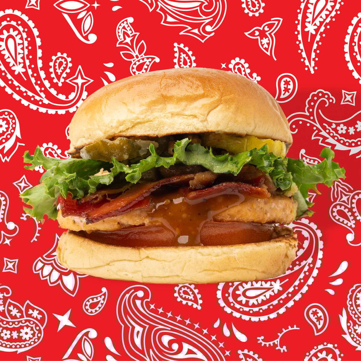 Best Bandana Burger in Savannah on red bananda backdrop
