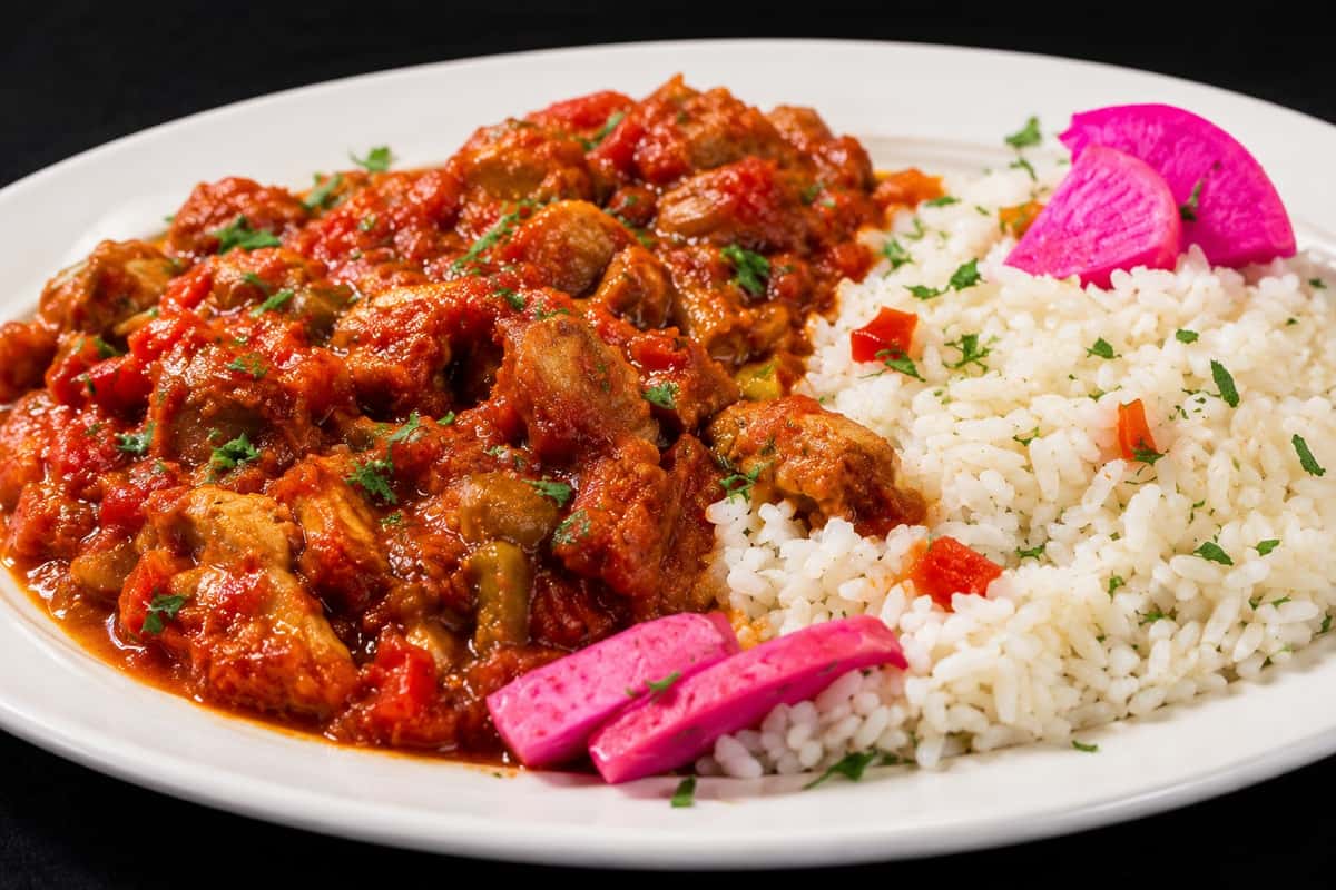 Traditional meat stew served with seasoned rice and pickled vegetables.
