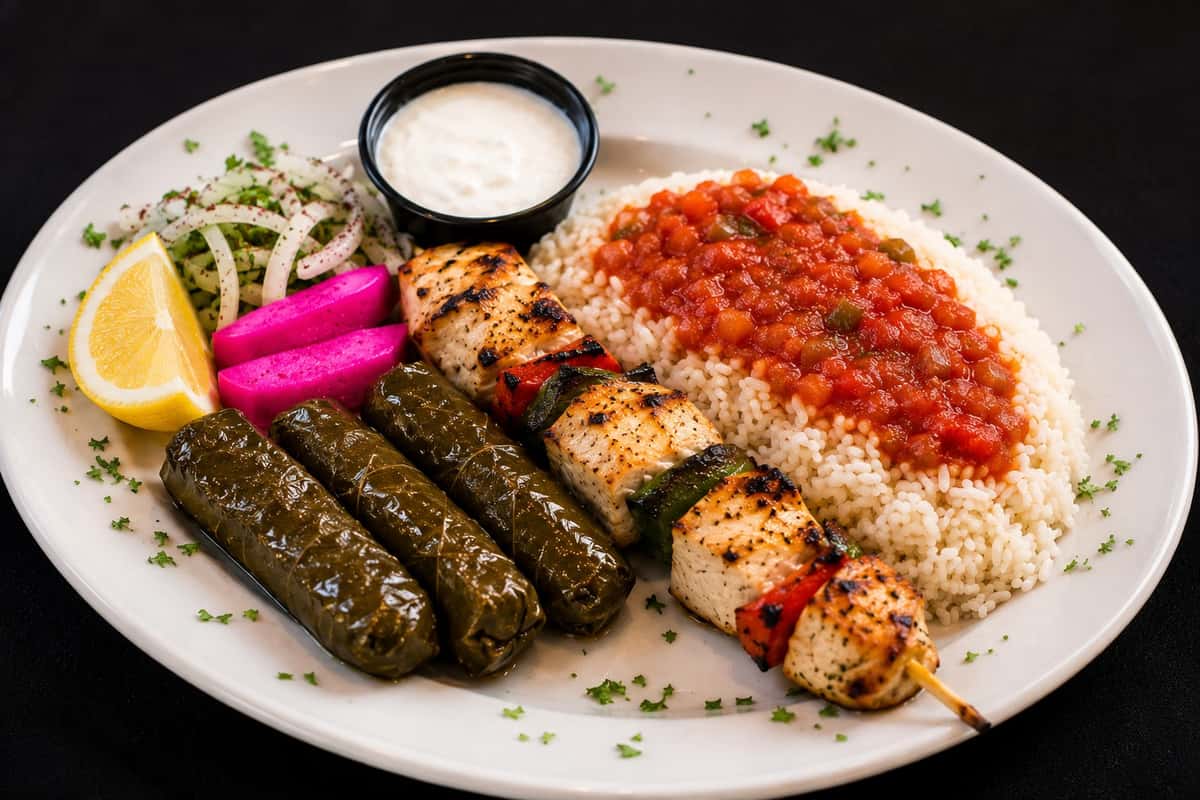 Mixed grill combination featuring kebabs, grape leaves, and seasoned rice.