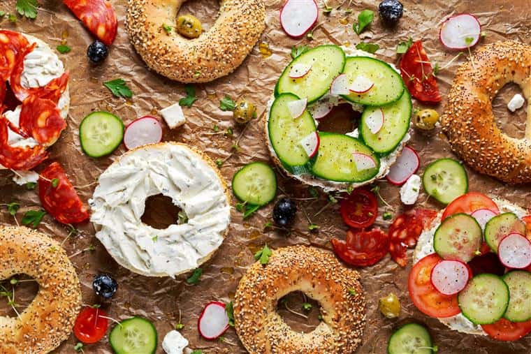 Assorted bagel spread with cream cheese, vegetables