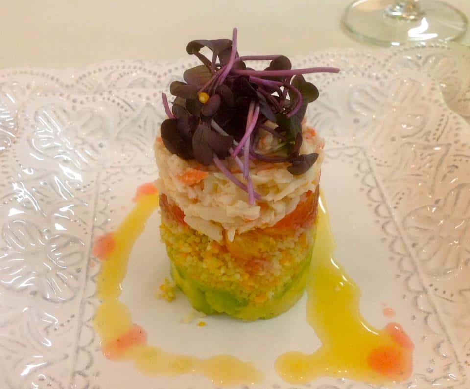 Seafood tower. Layers of crab, tuna, avocado and more