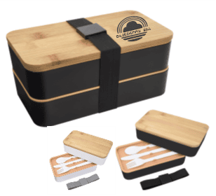 Bamboo Lunch Box includes Plastic Fork/Spoon/Knife in Secure Second Tier Lid Compartment