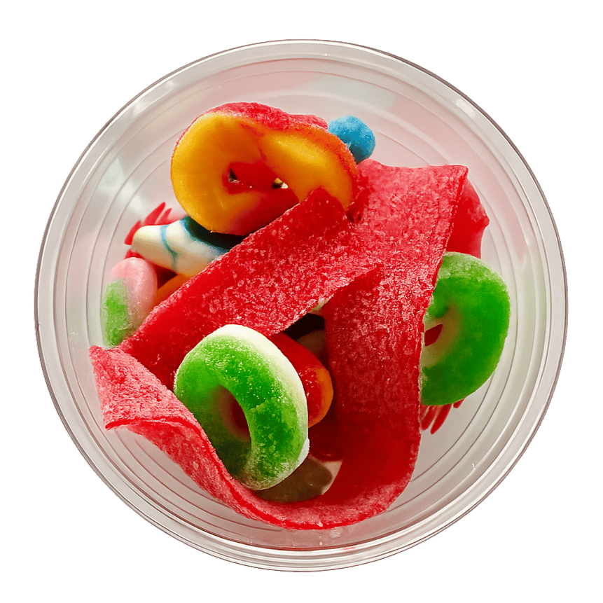 Colorful assortment of sour gummy candies in a clear cup, featuring sugar-coated rainbow strips, fruit-flavored gummy rings, and chewy mixed sweets—vibrant candy shop treat perfect for dessert bars, party favors, or concession stand snacks.