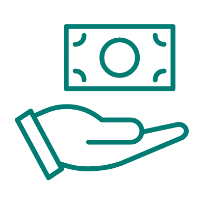 Teal icon outline of a hand holding a cash bill