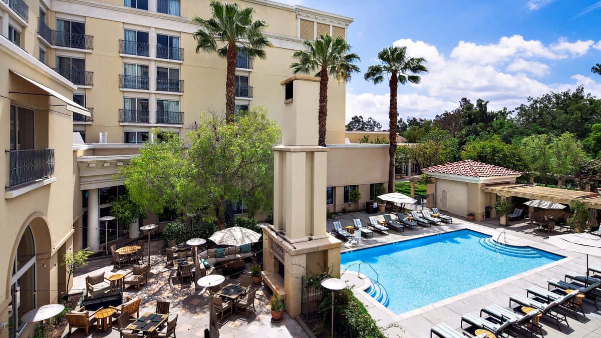 Overhead view of pool area adjacent to the outdoor dining area