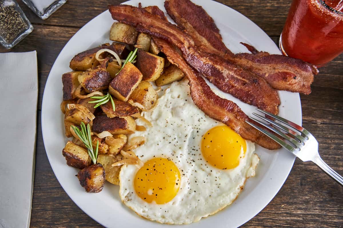 eggs, potatoes, and bacon