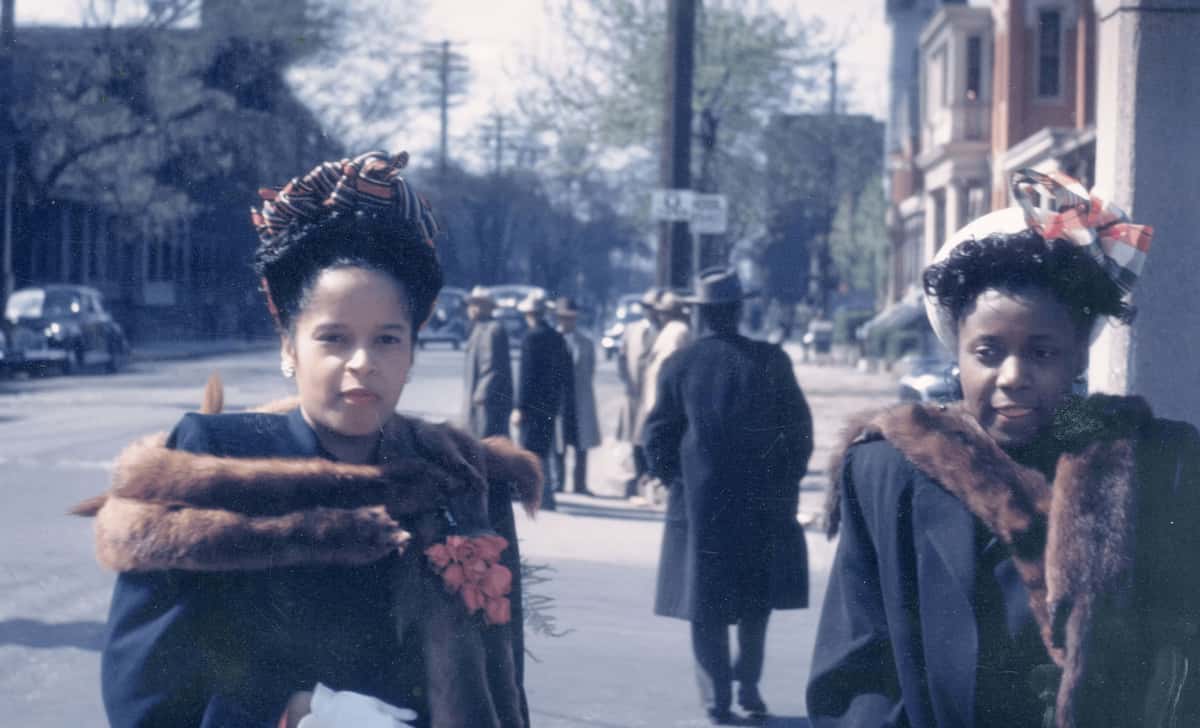 Vintage image of two women walking on the street