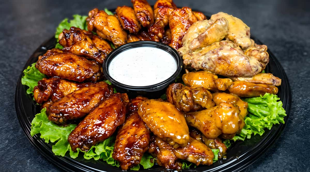 Chicken wings platter with three flavors: glazed orange, creamy yellow, and dark brown, served with a side of white dipping sauce.