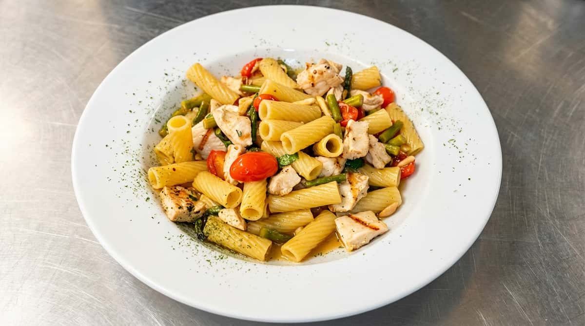 Rigatoni pasta with diced chicken, cherry tomatoes, and asparagus, garnished with dried herbs on a white plate.