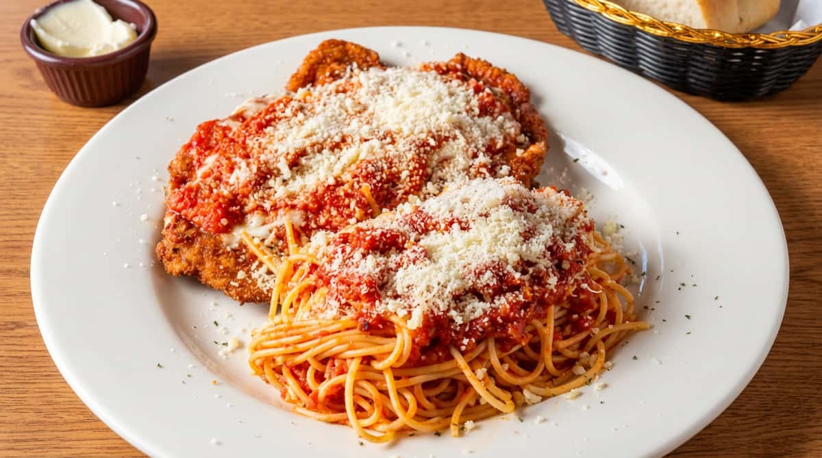 Chicken parmesan with a side of spaghetti and marinara, topped with grated cheese.