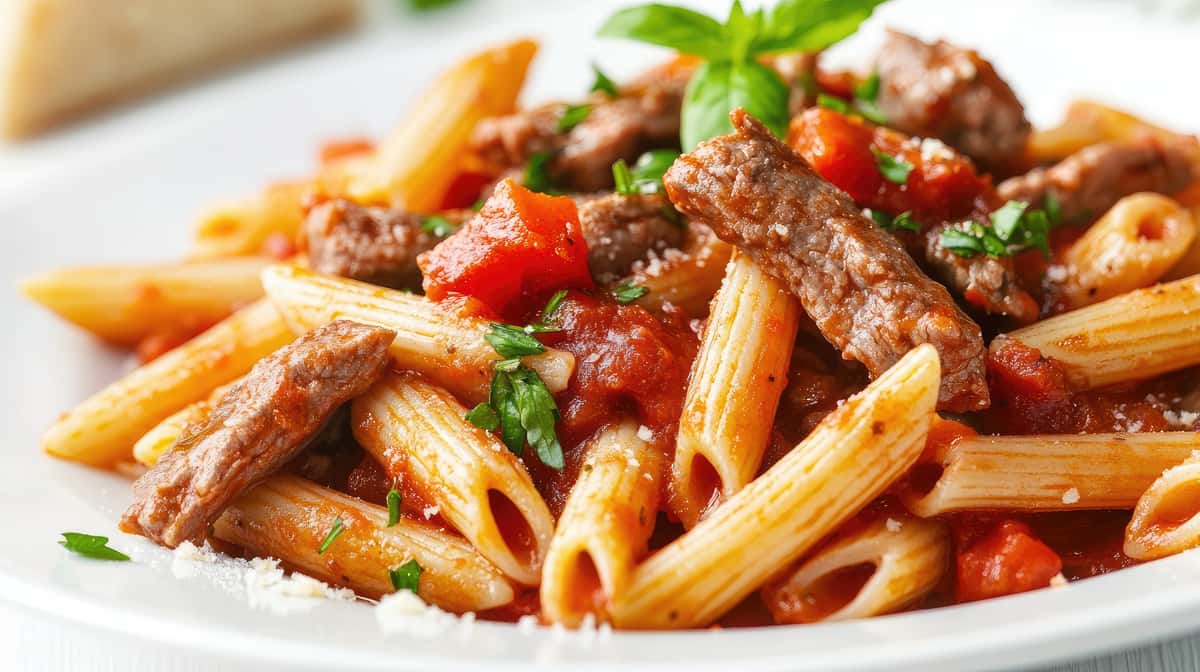 Penne with meat and vegetables