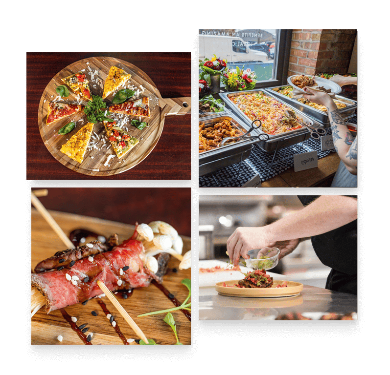 four photos showcasing Encore's corporate catering food displays
