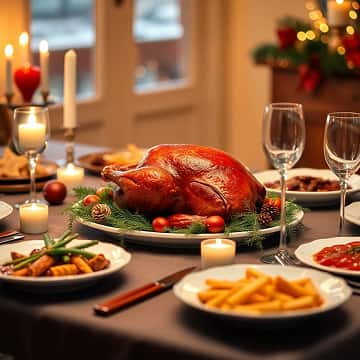 holiday table with a turkey in the center