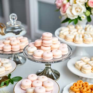 food display of french macarons in pink and white
