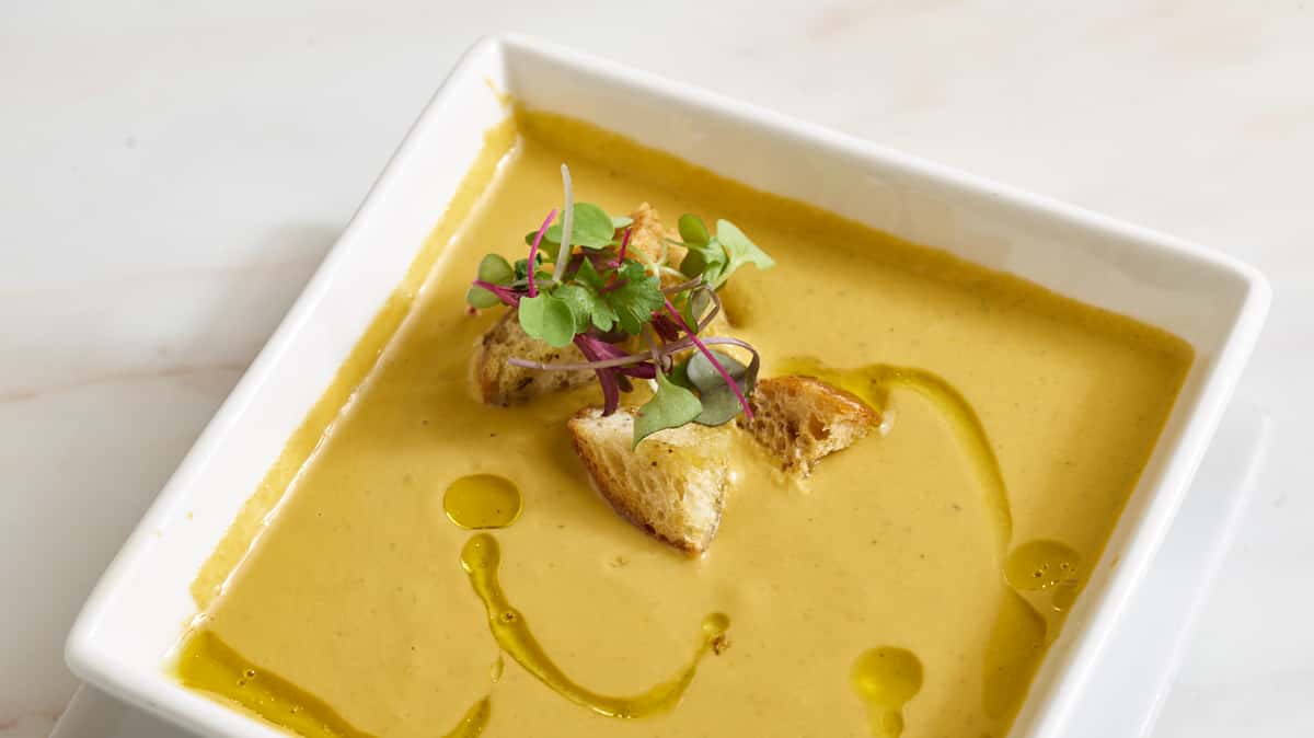 Spicy Spanish classic served cold and topped with croutons