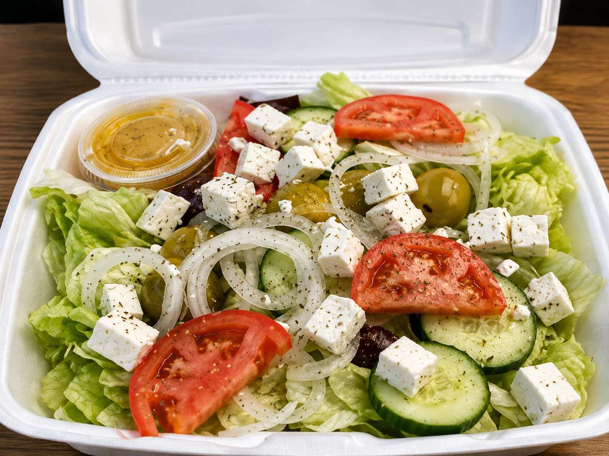 Greek salad with lettuce, tomatoes, cucumbers, feta cheese, onions, and black olives in a to-go container.