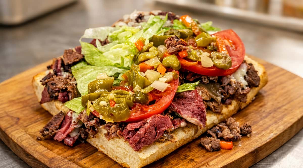 Large deli sub sandwich on a wooden board, filled with meat, lettuce, sliced tomatoes, and pickled peppers.
