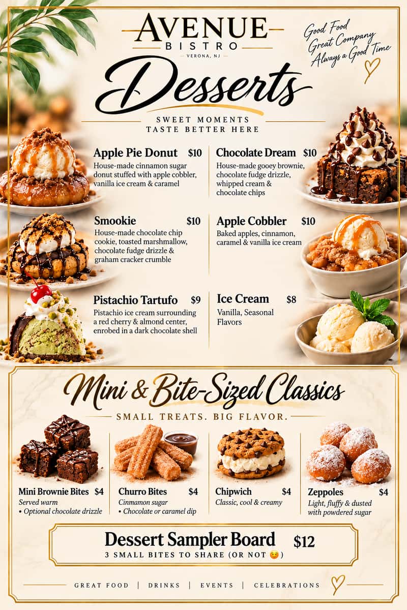 Elegant Avenue Bistro Desserts Menu.