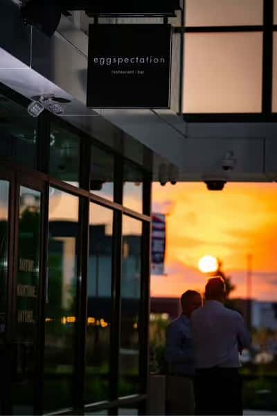 building exterior at sunset