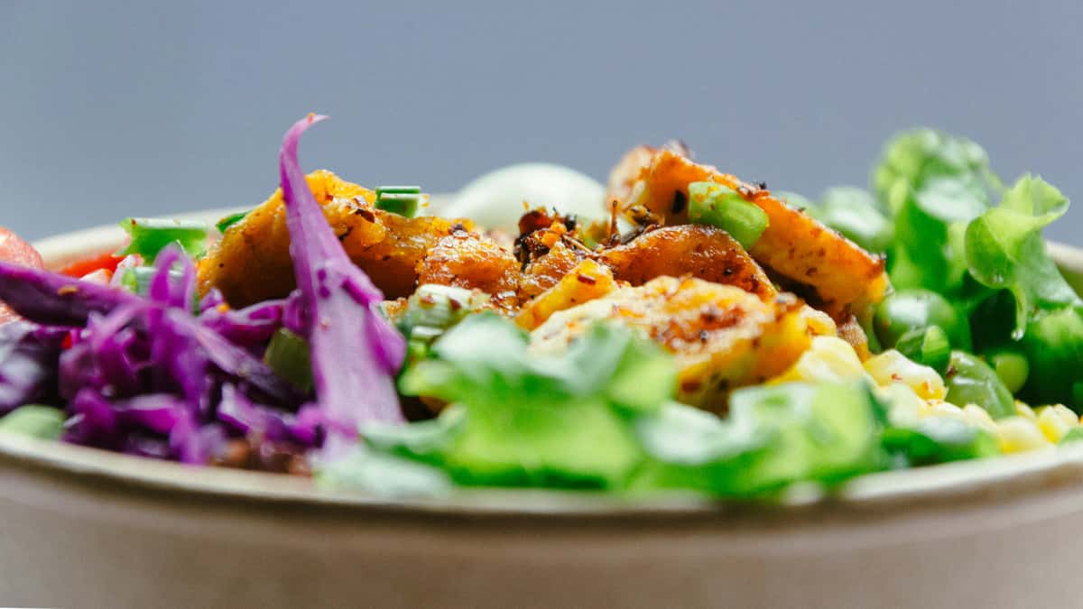 Close-up of a tofu veggie bowl with purple cabbage, corn, lettuce, and green onions