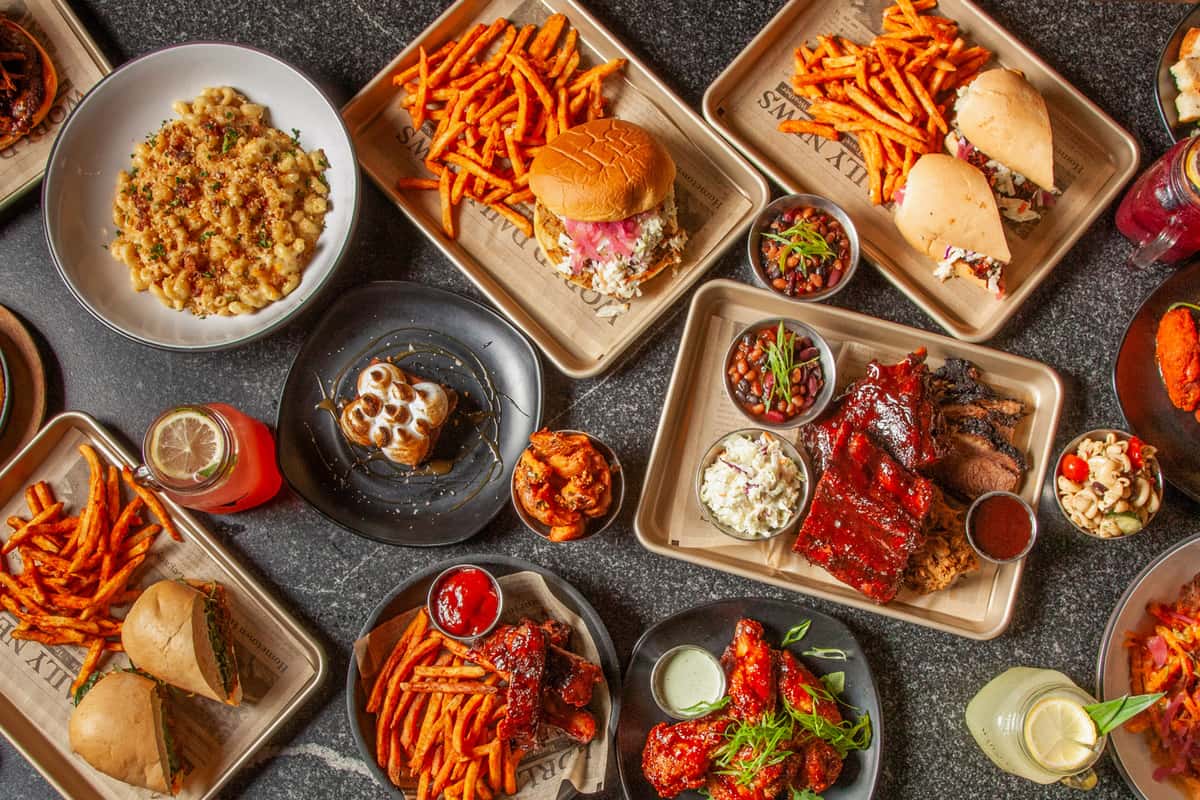 variety of dishes including burgers, fries, wings and more