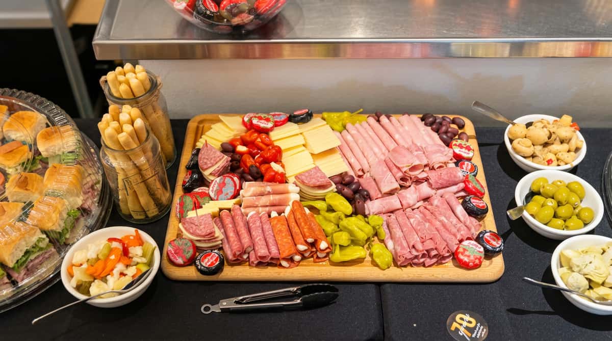 The image shows an expansive catering platter filled with a variety of sliced deli meats, cheeses, and fresh accompaniments. Neatly arranged sections include rolled and stacked cold cuts, cheese slices, crackers, pickles, and cherry tomatoes, with small containers of dips placed throughout. The presentation is generous and well-organized, making it ideal for parties, events, or group gatherings.