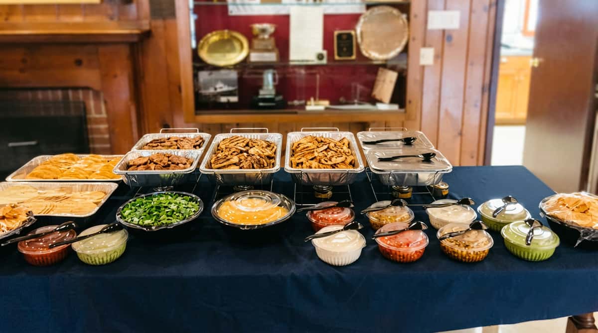 A buffet table with hot dishes in chafing dishes, various salads and desserts, and individual plastic containers with spoons.