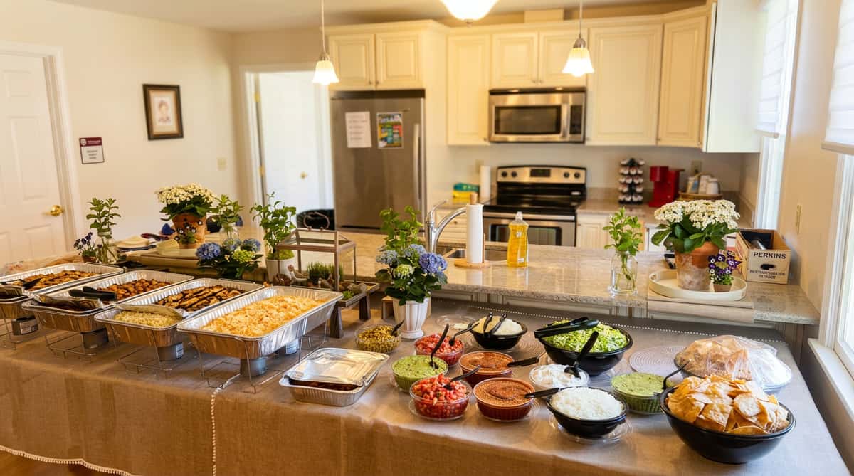 A buffet table set with several aluminum catering trays and an array of bowls filled with toppings like guacamole, salsa, rice, and shredded lettuce.